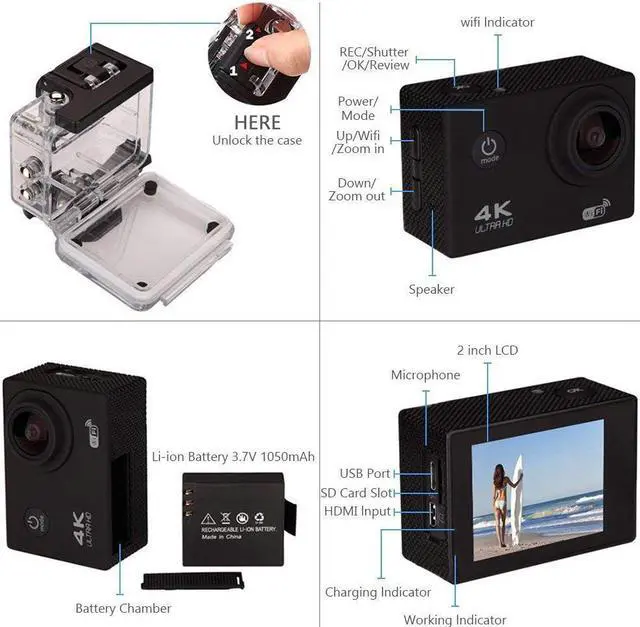Alt view image 6 of 7 - Action Camera 4K, Waterproof Camera, Underwater Camera WiFi Ultra HD 16mp 170 Degrees Wide Angle Sports Camera with Remote Control 2 Batteries and Mounting Accessories Kit