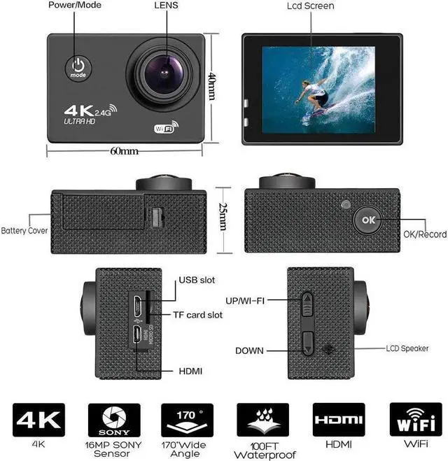 Alt view image 5 of 7 - Action Camera 4K, Waterproof Camera, Underwater Camera WiFi Ultra HD 16mp 170 Degrees Wide Angle Sports Camera with Remote Control 2 Batteries and Mounting Accessories Kit