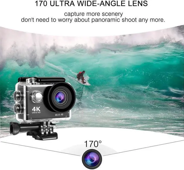 Alt view image 3 of 7 - Action Camera 4K, Waterproof Camera, Underwater Camera WiFi Ultra HD 16mp 170 Degrees Wide Angle Sports Camera with Remote Control 2 Batteries and Mounting Accessories Kit