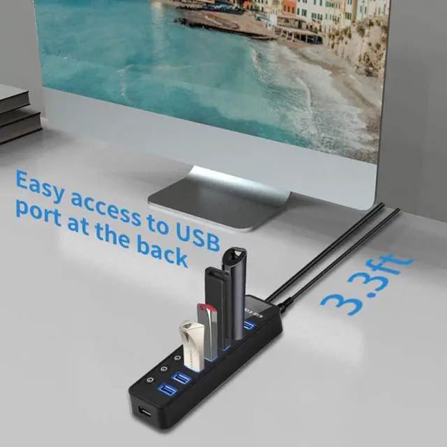 Alt view image 4 of 7 - Powered USB 3.0 Hub, 7-Port Data USB Hub with Power Adapter and One Smart Charging Port, USB Splitter with Individual On / Off Switches for MacBook, Mac Pro/Mini, iMac, Surface Pro Laptop/PC