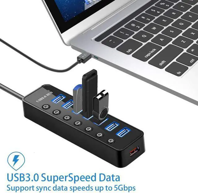 Alt view image 2 of 7 - Powered USB 3.0 Hub, 7-Port Data USB Hub with Power Adapter and One Smart Charging Port, USB Splitter with Individual On / Off Switches for MacBook, Mac Pro/Mini, iMac, Surface Pro Laptop/PC