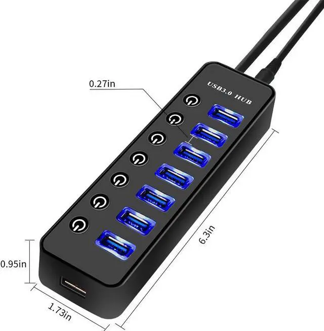 Alt view image 6 of 7 - Powered USB 3.0 Hub, 7-Port Data USB Hub with Power Adapter and One Smart Charging Port, USB Splitter with Individual On / Off Switches for MacBook, Mac Pro/Mini, iMac, Surface Pro Laptop/PC
