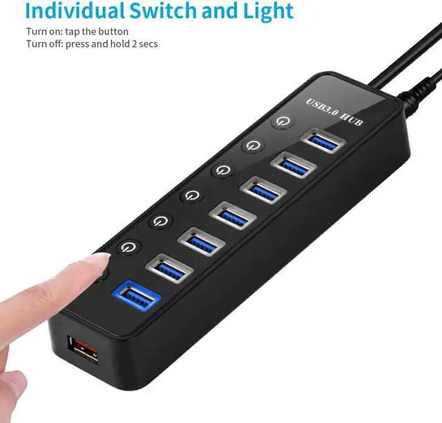 Alt view image 5 of 7 - Powered USB 3.0 Hub, 7-Port Data USB Hub with Power Adapter and One Smart Charging Port, USB Splitter with Individual On / Off Switches for MacBook, Mac Pro/Mini, iMac, Surface Pro Laptop/PC