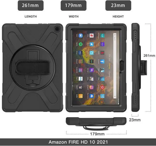 Alt view image 7 of 7 - Amazon Kindle Fire HD 10 / Fire HD 10 Plus 11th Generation 2021 Case, Shockproof Rugged Drop Protection Cover with Pencil Holder and Rotating Kickstand Hand Strap / Shoulder Strap