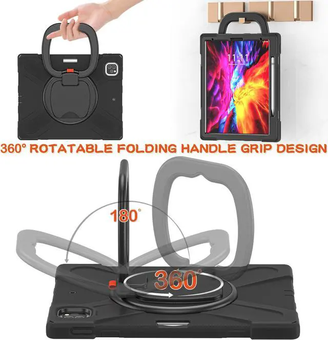Alt view image 2 of 7 - iPad Pro 12.9 Case 2021 5th Generation, Shockproof Rugged Drop Protection Cover with Pencil Holder and Rotating Kickstand Hand Strap / Shoulder Strap For iPad Pro 12.9 inch 2021