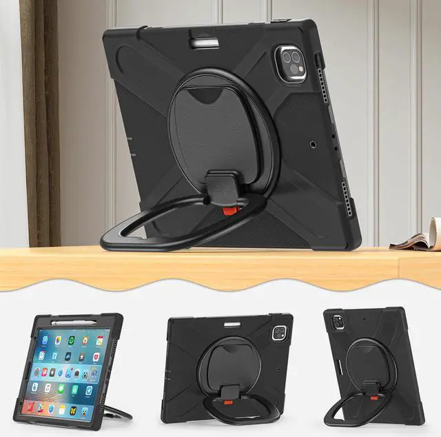Alt view image 4 of 7 - iPad Pro 12.9 Case 2021 5th Generation, Shockproof Rugged Drop Protection Cover with Pencil Holder and Rotating Kickstand Hand Strap / Shoulder Strap For iPad Pro 12.9 inch 2021
