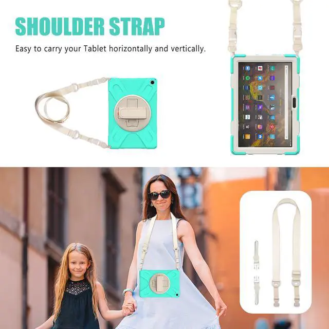 Alt view image 5 of 7 - Amazon Kindle Fire HD 10 / Fire HD 10 Plus 11th Generation 2021 Case, Shockproof Rugged Drop Protection Cover with Pencil Holder and Rotating Kickstand Hand Strap / Shoulder Strap