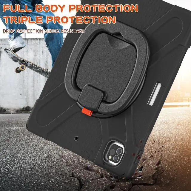 Alt view image 3 of 7 - iPad Pro 12.9 Case 2021 5th Generation, Shockproof Rugged Drop Protection Cover with Pencil Holder and Rotating Kickstand Hand Strap / Shoulder Strap For iPad Pro 12.9 inch 2021