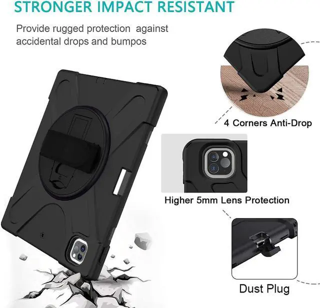 Alt view image 3 of 7 - iPad Pro 12.9 Case 2021, Shockproof Rugged Drop Protection Cover with Pencil Holder and Rotating Kickstand Hand Strap / Shoulder Strap For iPad Pro 12.9 inch 2021 5th Generation
