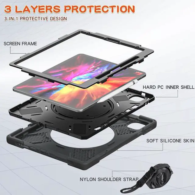Alt view image 5 of 7 - Case for iPad Pro 12.9 2020 4th Generation and iPad Pro 12.9 Inch 2018 3rd Generation, Heavy Duty Shockproof Cover with Rotating Stand / Pencil Holder / Carrying Strap