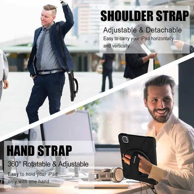 Alt view image 4 of 7 - iPad Pro 12.9 Case 2021, Shockproof Rugged Drop Protection Cover with Pencil Holder and Rotating Kickstand Hand Strap / Shoulder Strap For iPad Pro 12.9 inch 2021 5th Generation