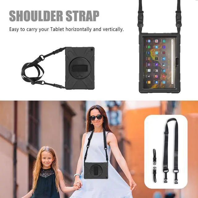 Alt view image 6 of 7 - Amazon Kindle Fire HD 10 / Fire HD 10 Plus 11th Generation 2021 Case, Shockproof Rugged Drop Protection Cover with Pencil Holder and Rotating Kickstand Hand Strap / Shoulder Strap