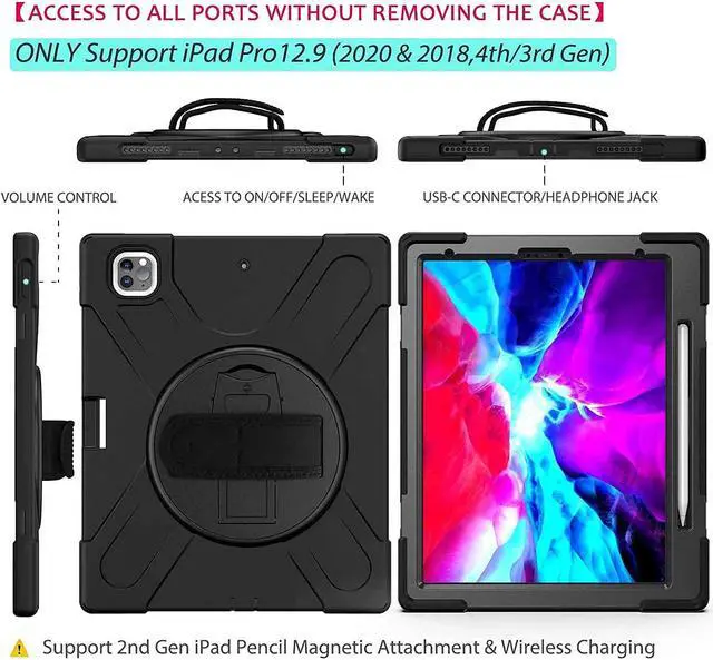 Alt view image 7 of 7 - iPad Pro 12.9 Case 2021, Shockproof Rugged Drop Protection Cover with Pencil Holder and Rotating Kickstand Hand Strap / Shoulder Strap For iPad Pro 12.9 inch 2021 5th Generation