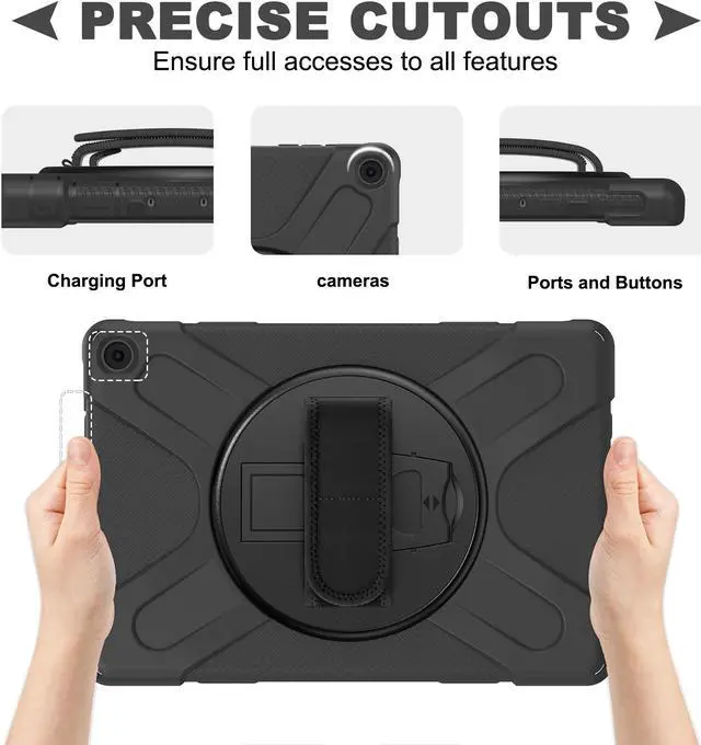 Alt view image 3 of 7 - Amazon Kindle Fire HD 10 / Fire HD 10 Plus 11th Generation 2021 Case, Shockproof Rugged Drop Protection Cover with Pencil Holder and Rotating Kickstand Hand Strap / Shoulder Strap