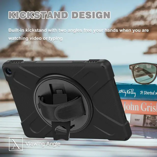 Alt view image 4 of 7 - Amazon Kindle Fire HD 10 / Fire HD 10 Plus 11th Generation 2021 Case, Shockproof Rugged Drop Protection Cover with Pencil Holder and Rotating Kickstand Hand Strap / Shoulder Strap