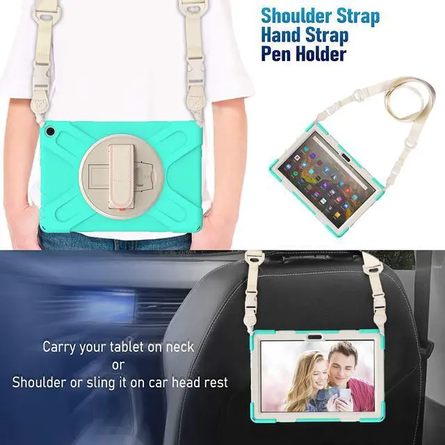 Alt view image 7 of 7 - Amazon Kindle Fire HD 10 / Fire HD 10 Plus 11th Generation 2021 Case, Shockproof Rugged Drop Protection Cover with Pencil Holder and Rotating Kickstand Hand Strap / Shoulder Strap