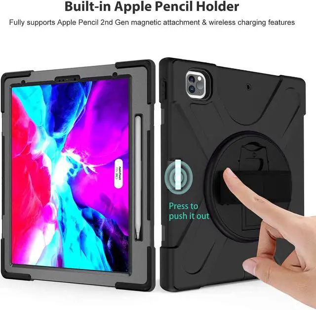 Alt view image 5 of 7 - iPad Pro 12.9 Case 2021, Shockproof Rugged Drop Protection Cover with Pencil Holder and Rotating Kickstand Hand Strap / Shoulder Strap For iPad Pro 12.9 inch 2021 5th Generation