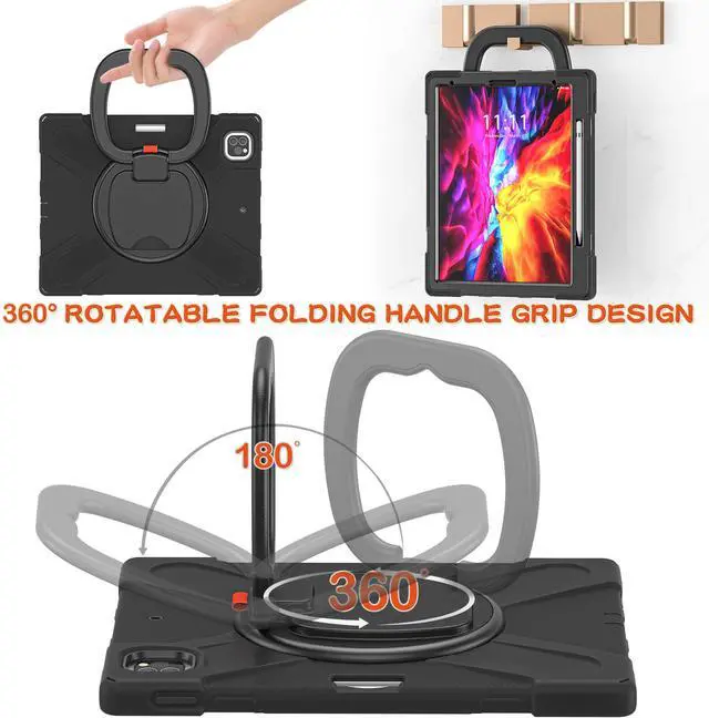 Alt view image 4 of 7 - Case for iPad Pro 12.9 2020 4th Generation and iPad Pro 12.9 Inch 2018 3rd Generation, Heavy Duty Shockproof Cover with Rotating Stand / Pencil Holder / Carrying Strap