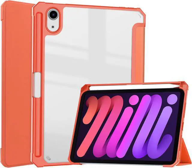Main image of Slim Case for iPad Mini 6 2021 8.3 inch with Pencil Holder Shockproof Cover Clear Transparent Back Shell, Auto Wake/Sleep for iPad 6th Generation 8.3 Inch Orange