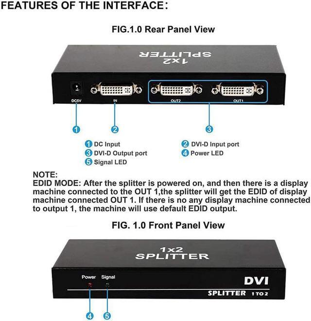 Alt view image 3 of 7 - DVI Splitter 1 in 2 Out 2 Port DVI Dual Monitors Distribution Duplicator Video Splitter (EDID Management) Support Resolution up to 4K2K/30HZ for PC Laptop DVR Projector HDTV