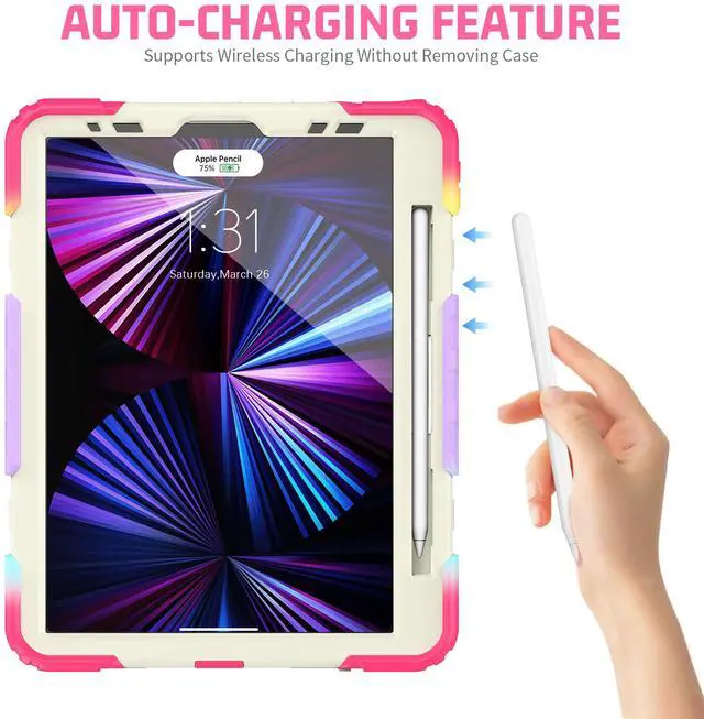 Alt view image 3 of 7 - Case for iPad Pro 11 2021 2020 2018 / iPad Air 4 / Air 5 10.9 Inch, 360° Rotating Multi-Functional Handle-Kickstand Shockproof Cover with Built-in Screen Protector & Shoulder Strap & Pencil Holder