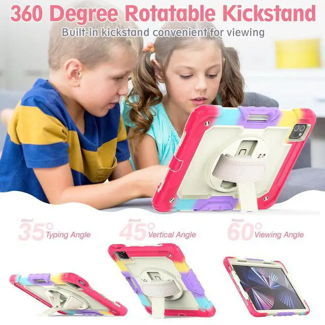 Alt view image 4 of 7 - Case for iPad Pro 11 2021 2020 2018 / iPad Air 4 / Air 5 10.9 Inch, 360° Rotating Multi-Functional Handle-Kickstand Shockproof Cover with Built-in Screen Protector & Shoulder Strap & Pencil Holder