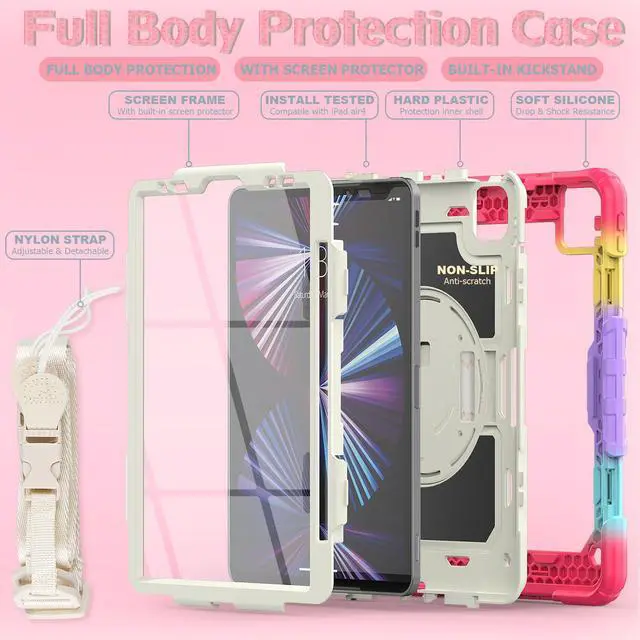 Alt view image 5 of 7 - Case for iPad Pro 11 2021 2020 2018 / iPad Air 4 / Air 5 10.9 Inch, 360° Rotating Multi-Functional Handle-Kickstand Shockproof Cover with Built-in Screen Protector & Shoulder Strap & Pencil Holder