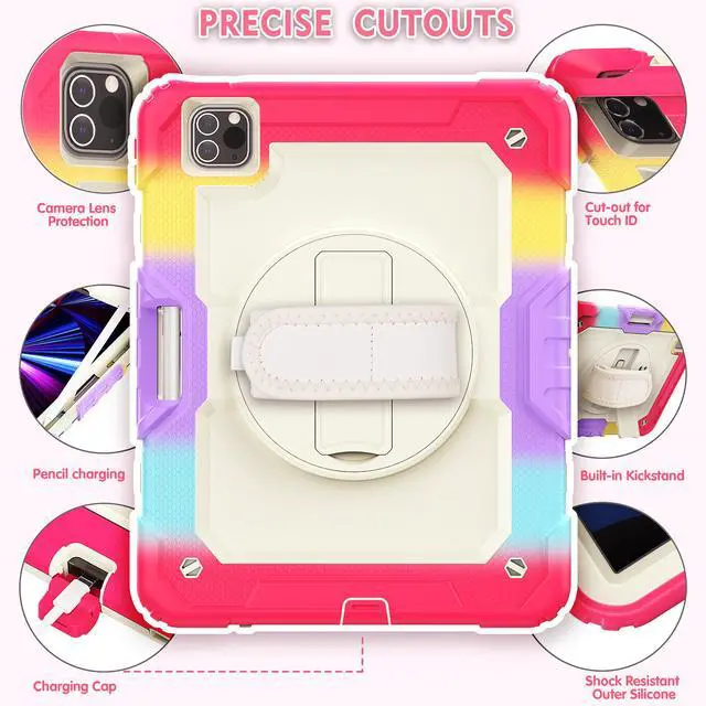 Alt view image 6 of 7 - Case for iPad Pro 11 2021 2020 2018 / iPad Air 4 / Air 5 10.9 Inch, 360° Rotating Multi-Functional Handle-Kickstand Shockproof Cover with Built-in Screen Protector & Shoulder Strap & Pencil Holder