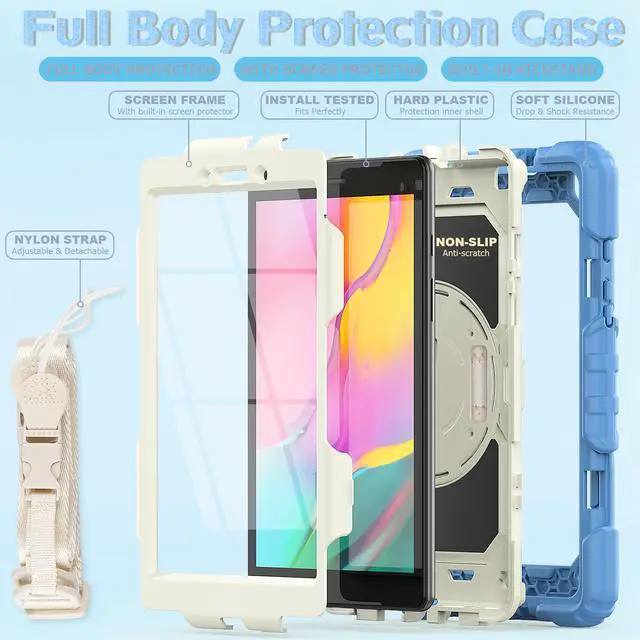 Alt view image 4 of 7 - Case for Samsung Galaxy Tab A 8.0 case 2019 Model: SM-T290 / SM-T295.Full Body Protection Cover with Built-in Screen Protector Pen Holder [360 Rotating Hand Strap]