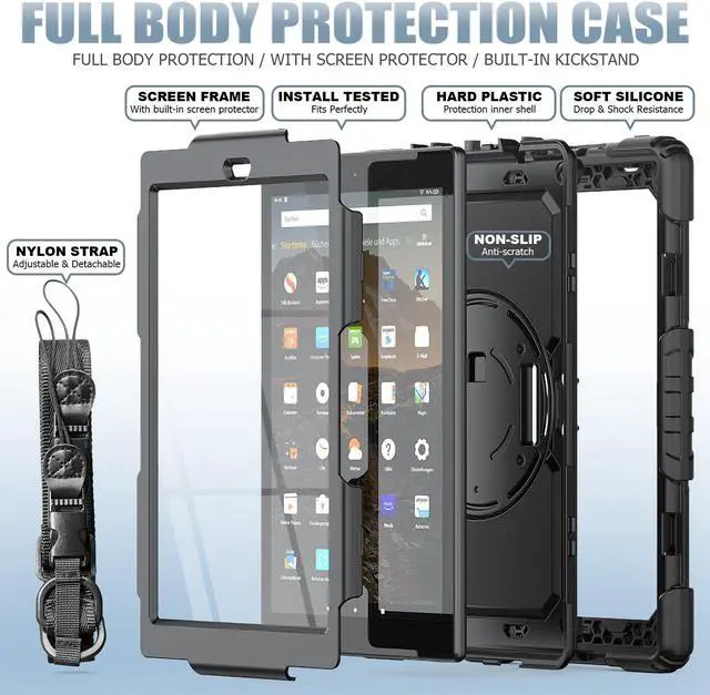 Alt view image 3 of 7 - Amazon Kindle Fire HD 10 Case 2019 2018 2017 Release, Shockproof Cover with Kickstand,Hand Strap and Shoulder Strap for Fire HD 10.1 Inch Tablet (9th/8th/7th Generation)
