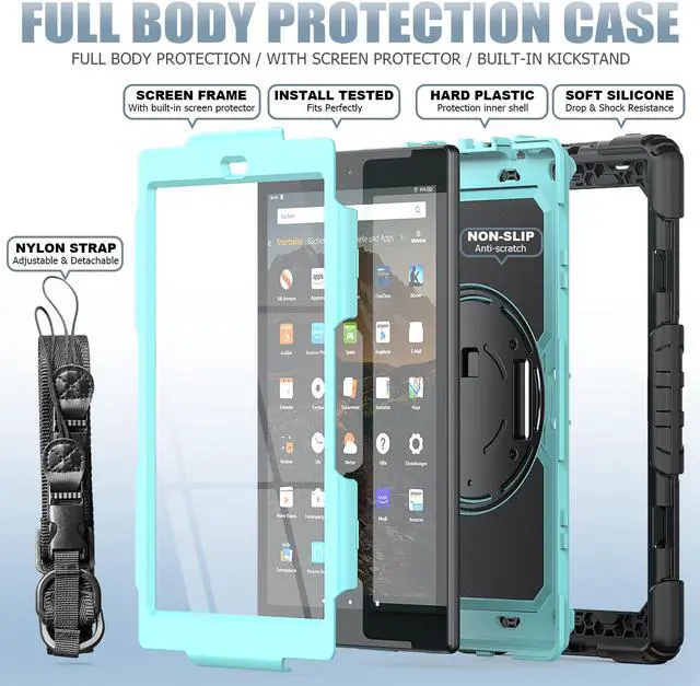 Alt view image 2 of 7 - Amazon Kindle Fire HD 10 Case 2019 2018 2017 Release, Shockproof Cover with Kickstand,Hand Strap and Shoulder Strap for Fire HD 10.1 Inch Tablet (9th/8th/7th Generation)