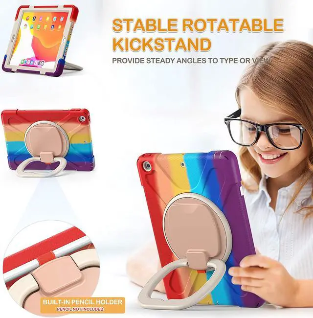Alt view image 4 of 7 - iPad 8th 7th Generation Case, iPad 10.2 inch Case 2020 2019, Heavy Duty Rugged Kids Cover with Rotating Stand/Pencil Holder/Carrying Strap