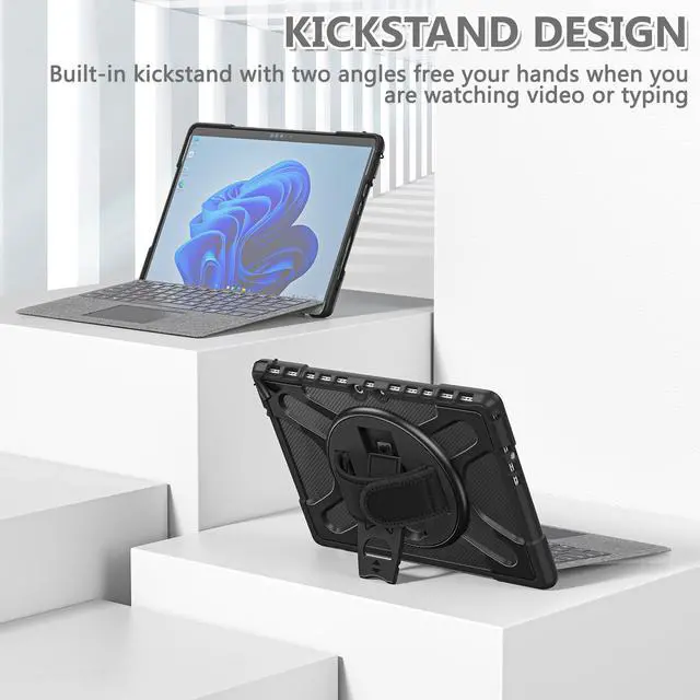 Alt view image 4 of 7 - Microsoft Surface Pro 8 13 inch 2021 Case, Protective Rugged Cover with Pen Holder / Hand Strap / Rotating Kickstand Compatible with Type Cover Keyboard