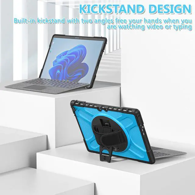 Alt view image 3 of 7 - Microsoft Surface Pro 8 13 inch 2021 Case, Protective Rugged Cover with Pen Holder / Hand Strap / Rotating Kickstand Compatible with Type Cover Keyboard