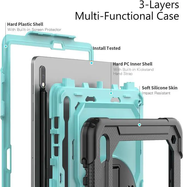 Alt view image 3 of 7 - Case for Samsung Galaxy Tab S8 Plus / S8+ 12.4'' (2022) / S7 FE 5G (2021) / S7 Plus (2020) 12.4 inch Heavy Duty Cover With Screen Protector & 360 Degree Swivel Kickstand & Hand Shoulder Strap