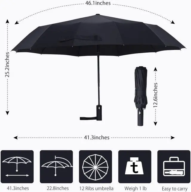 Alt view image 6 of 7 - WERLEO 12 Ribs Windproof Travel Umbrella with Teflon Canopy Lengthened Handle with Auto Open Close Button Compact Protection from Rain, Free Upscale Leather Cover