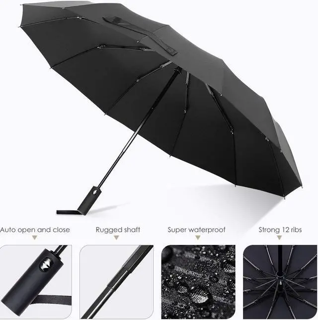 Alt view image 2 of 7 - WERLEO 12 Ribs Windproof Travel Umbrella with Teflon Canopy Lengthened Handle with Auto Open Close Button Compact Protection from Rain, Free Upscale Leather Cover