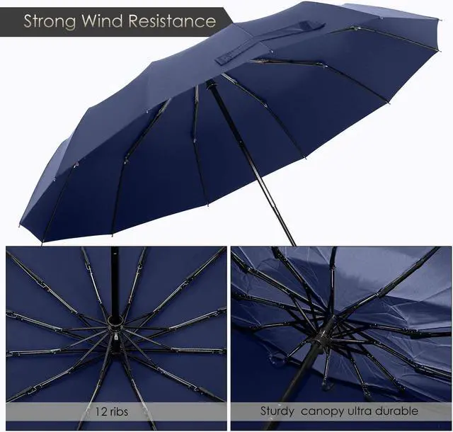 Alt view image 5 of 7 - WERLEO 12 Ribs Windproof Travel Umbrella with Teflon Canopy Lengthened Handle with Auto Open Close Button Compact Protection from Rain, Free Upscale Leather Cover