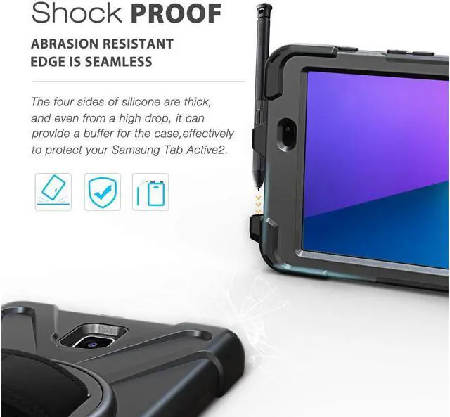 Alt view image 3 of 7 - Case for Samsung Galaxy Tab Active 2 8.0 SM-T390 T395 T397 Heavy Duty Kids Protective Case Cover with Pen Holder with 360 Degree Rotating Hand Strap / Kickstand + Shoulder Strap