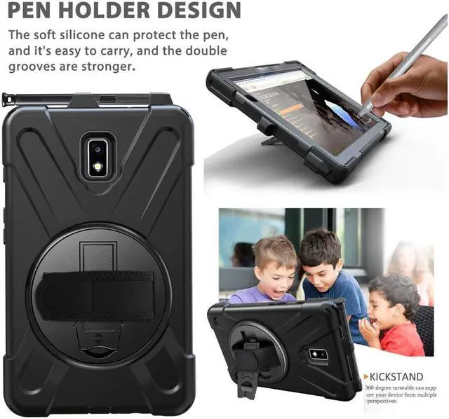 Alt view image 4 of 7 - Case for Samsung Galaxy Tab Active 2 8.0 SM-T390 T395 T397 Heavy Duty Kids Protective Case Cover with Pen Holder with 360 Degree Rotating Hand Strap / Kickstand + Shoulder Strap