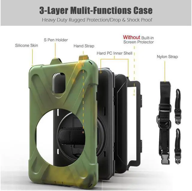 Alt view image 4 of 7 - Case for Samsung Galaxy Tab Active 2 8.0 SM-T390 T395 T397 Heavy Duty Kids Protective Case Cover with Pen Holder with 360 Degree Rotating Hand Strap / Kickstand + Shoulder Strap