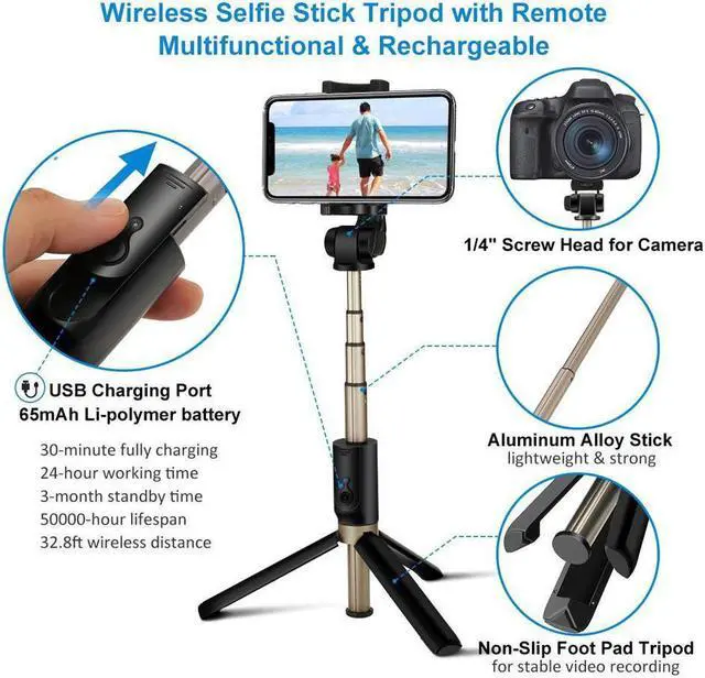Alt view image 4 of 7 - Bluetooth Selfie Stick Tripod with Remote for Gopro iphone x 8 plus 6 6s 7 plus Android Samsung s7 s8 plus edge 4 in 1 Mini Pocket Extendable Monopod Aluminum Alloy 360 Degree Rotation