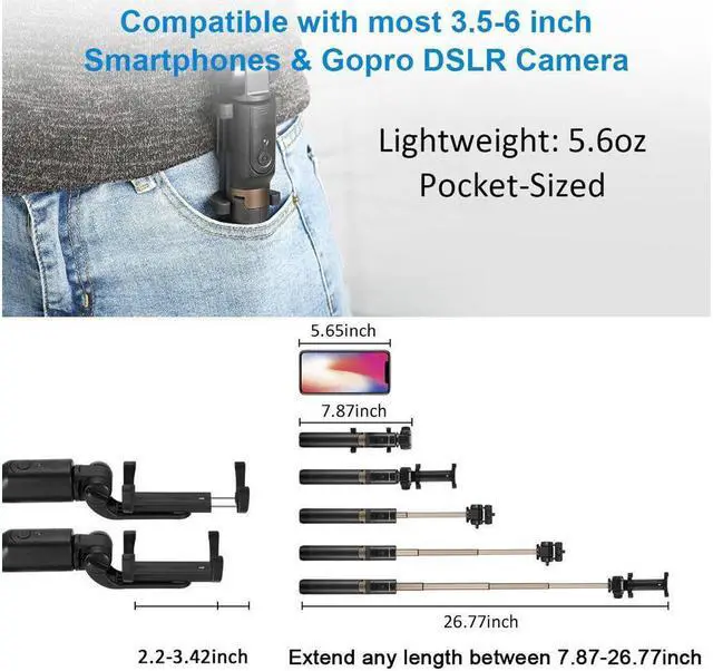 Alt view image 7 of 7 - Bluetooth Selfie Stick Tripod with Remote for Gopro iphone x 8 plus 6 6s 7 plus Android Samsung s7 s8 plus edge 4 in 1 Mini Pocket Extendable Monopod Aluminum Alloy 360 Degree Rotation
