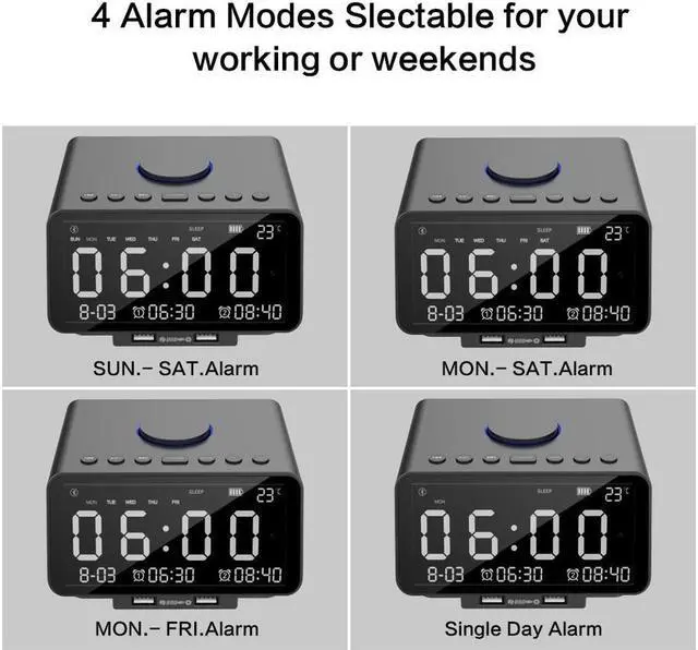 Alt view image 2 of 7 - Alarm Clock Radio Wireless Bluetooth Stereo Speaker Digital Alarm Clock for Heavy Sleepers with FM Radio/AUX-IN/ Snooze,Auto Dimmer,Cell Phone USB Charging Night Lights Lamp Large LED Display Bedroom