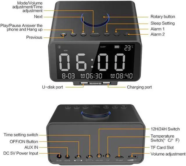 Alt view image 6 of 7 - Alarm Clock Radio Wireless Bluetooth Stereo Speaker Digital Alarm Clock for Heavy Sleepers with FM Radio/AUX-IN/ Snooze,Auto Dimmer,Cell Phone USB Charging Night Lights Lamp Large LED Display Bedroom