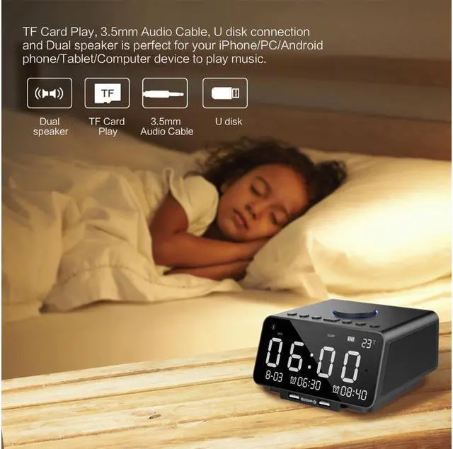 Alt view image 7 of 7 - Alarm Clock Radio Wireless Bluetooth Stereo Speaker Digital Alarm Clock for Heavy Sleepers with FM Radio/AUX-IN/ Snooze,Auto Dimmer,Cell Phone USB Charging Night Lights Lamp Large LED Display Bedroom