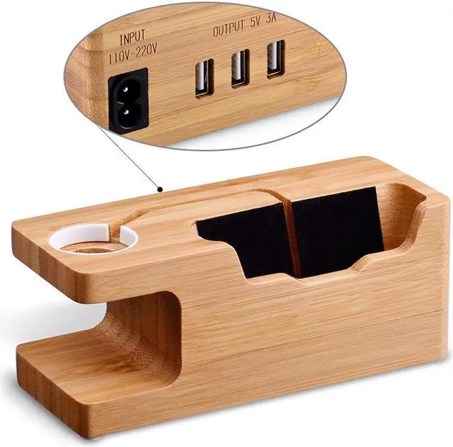 Main image of USB Charging Stand Werleo Phone Stand with 3 USB Port Bamboo Wood Charging Dock Station for 38mm and 42mm Apple Watch & Apple iPhone X 8 8 Plus 6s 6 Plus 5S 5 7 7 Plus and Other Smartphone