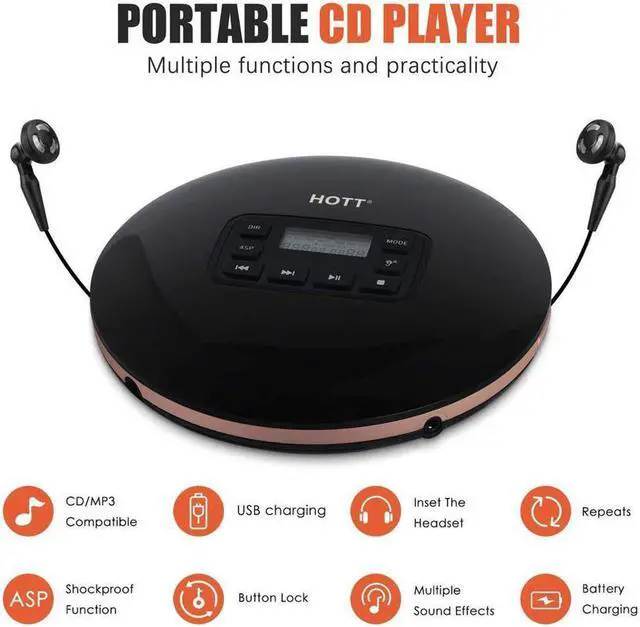 Alt view image 6 of 7 - Portable CD Player,HOTT CD611 Small Walkman CD Player with Stereo Headphones USB Cable LED Display Anti-Skip Anti-Shock Personal Compact Disc Music Player (Black)