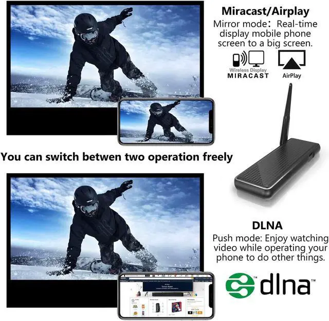 Alt view image 6 of 7 - Wireless and Wired 2 in 1 Display Dongle 1080P HDMI Display Receiver for TV Projector, Compatible with Android iOS Smartphone Tablet Apple iPhone iPad Mac Windows, Support Airplay DLNA Miracast