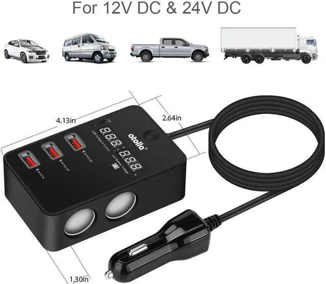 Alt view image 7 of 7 - 2-Socket Cigarette Lighter 120W 12V 24V Power Adapter DC Outlet Splitter 3 Port USB Car Charger for Cell Phones Dash Cam GPS and More with Current Voltage Monitoring Voltmeter Display ON Off Switch